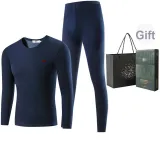 Men's Crew Neck Clothing Sets (Navy Blue) Thickened and Fleece-Lined/Thermal
