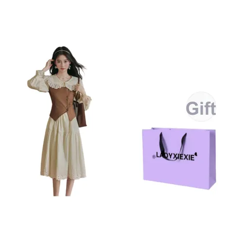 LADYXIEXIE 3718 Каштаново-коричневый Куртка + 3719 Платье с воротником Питера Пэна Женские Комплекты с Юбкой