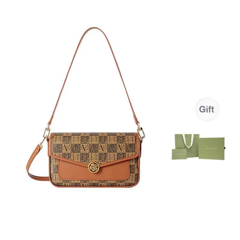 VANESSA HOGAN Monogram Cow Leather Shoulder Bag Medium Size Women's Green/Brown-6