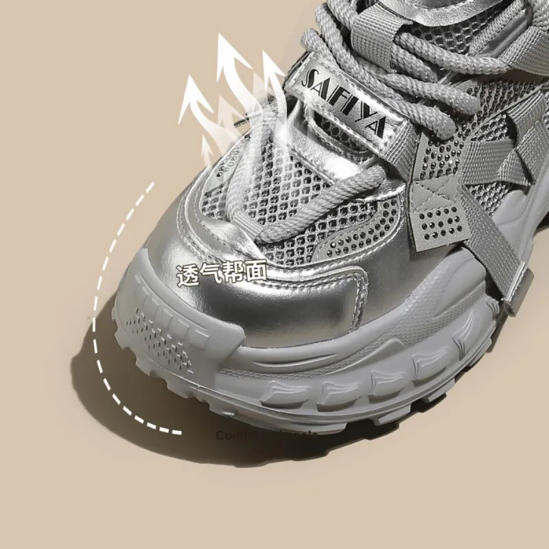 Safiya Cushioning, Wear Resistant Low Top Chunky Sneakers Women's Silver-4