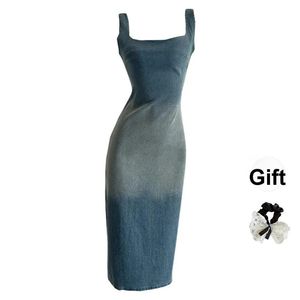 TUSHIFEI Sleeveless Dress Women's Vintage Blue