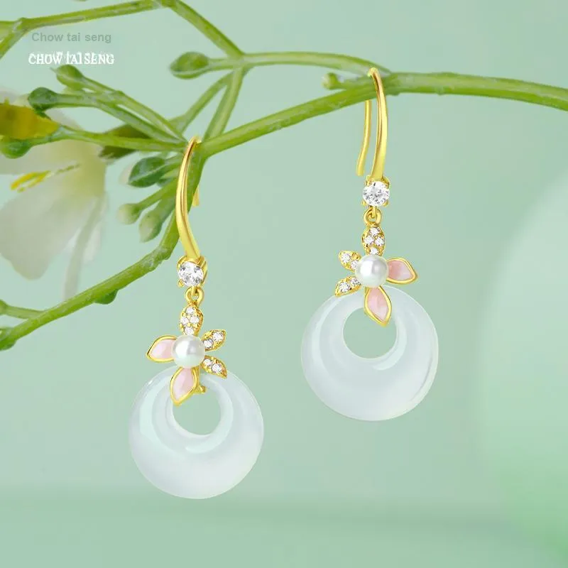 CHOW TAI SENG Chalcedony White Chinese Style Floral Hoop Earrings Women's-5