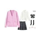 Pink Cardigan+White Long Dress with Cinched Waist+Dark Night Killer Short Skirt, Includes Bow Ties+Calf Socks+Hanger