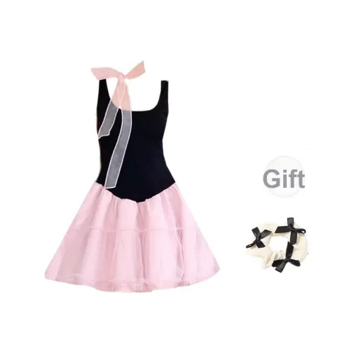 Платье без рукавов женское черное розовое многоцветное + лента + бант + резинка для волос + подарки