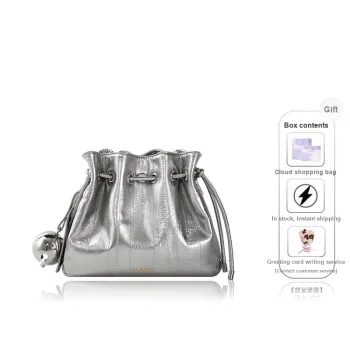 Teenmix Synthetic Leather With Cow Leather Bucket Bag, Crossbody Bag Regular Women's Ecru/Black/Silver