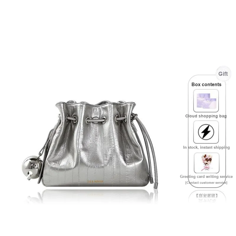Teenmix Synthetic Leather With Cow Leather Bucket Bag, Crossbody Bag Regular Women's Ecru/Black/Silver-0
