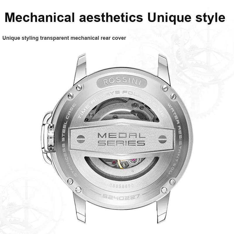 ROSSINI Designer Collection Mechanical Movement Cowhide Strap Watch Men's Watches Black Dial-7