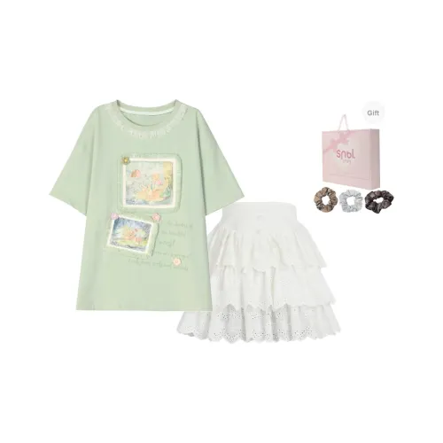 SNBL Комплект с юбкой Женская Зеленая T-рубашка + Белая Юбка