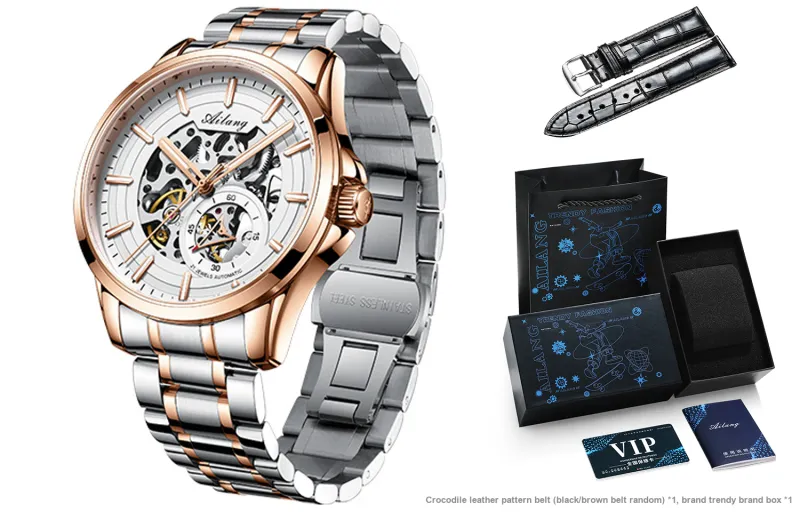 AILANG Automatic Mechanical Movement Genuine Leather Strap Watch Men's Watches White Dial-9