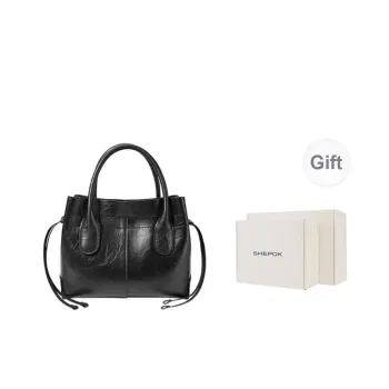 SHEPOK Top Grain Cow Leather Handbag Tote Shoulder Bag Crossbody Bag Medium Size Women's Black