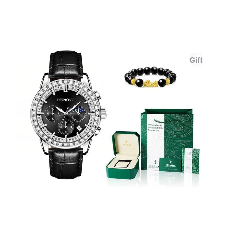 RENOVO Кварцевый механизм натуральная кожа ремешок мужские часы многоцветный циферблат