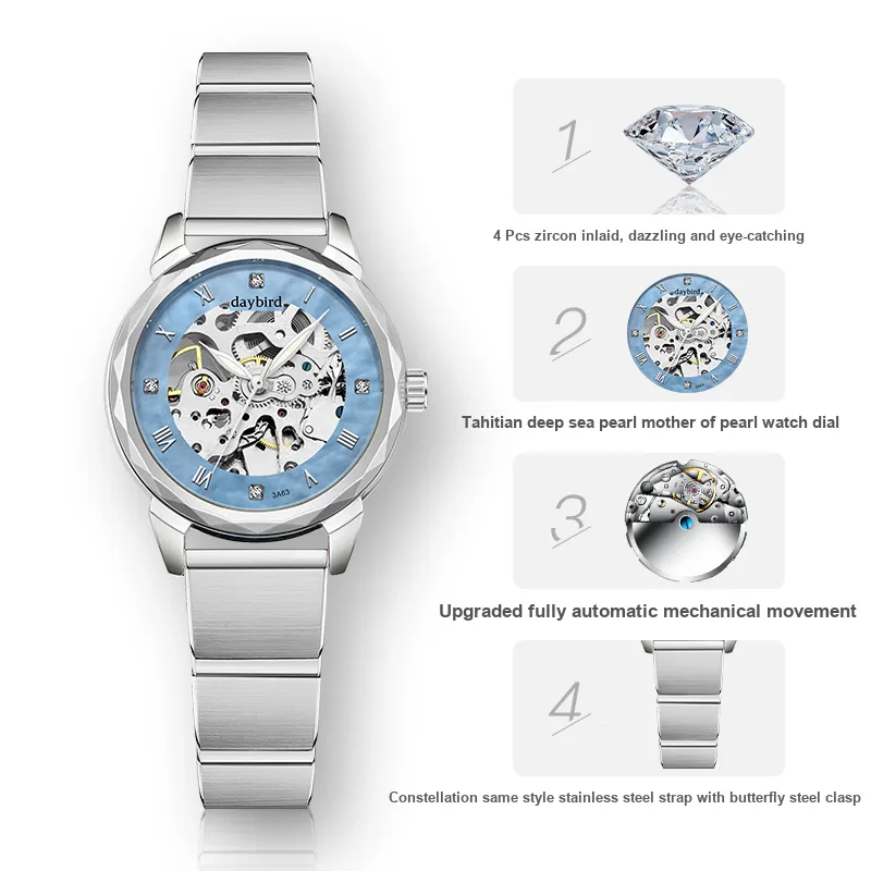 DAYBIRD Mechanical Movement Stainless Steel Watchband Watch Women's Watch Blue Dial-2