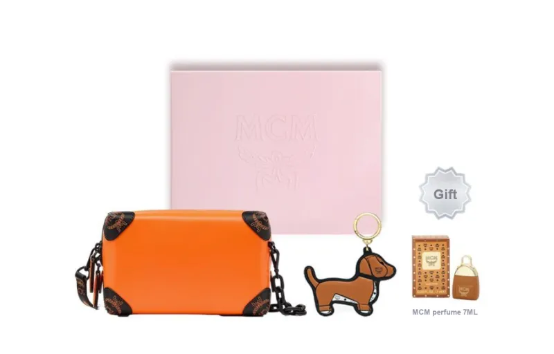 MCM Soft Berlin Visetos Leather Toiletry Bag, Box Bag, Shoulder Bag, Crossbody Bag Unisex Bright Orange-4