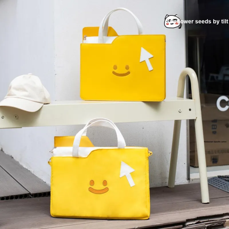 Crooked Melon Production Oxford With PU Leather Crossbody Bag, Shoulder Bag Unisex Yellow White-8