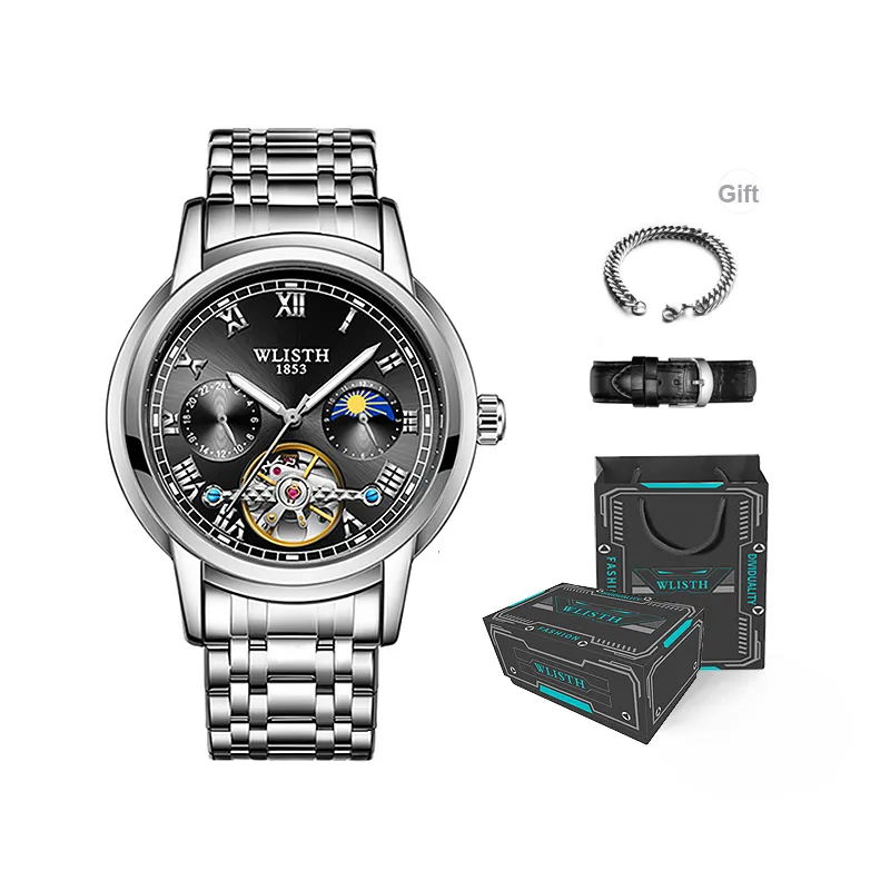 WLISTH Automatic Mechanical Movement Stainless Steel Watchband Men's Watches Black Dial-0
