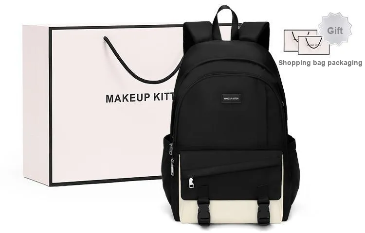 MAKEUP KITTEN Nylon Backpack Large Size Unisex Black/Khaki-1