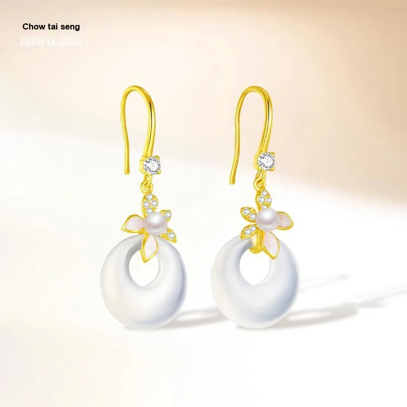 CHOW TAI SENG Chalcedony White Chinese Style Floral Hoop Earrings Women's-7