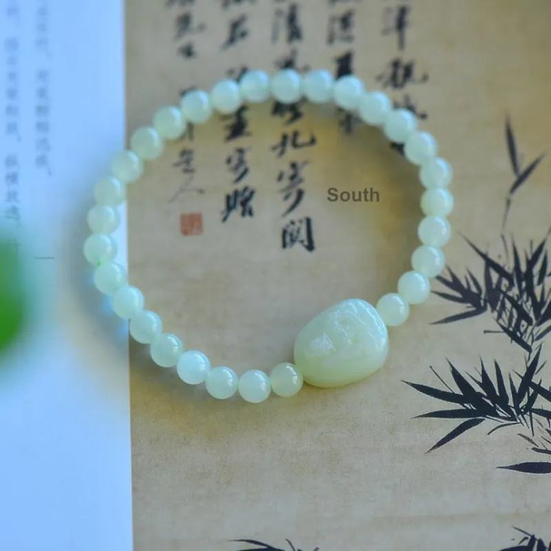 Cuiya Golden Building Hetian Jade Bracelets Pale Greenish-White Jade Unisex-38