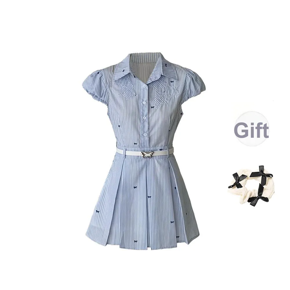 TORIGHT Short Sleeved Dress Women's Blue With Belt+Bowknot Hair Tie Comes With