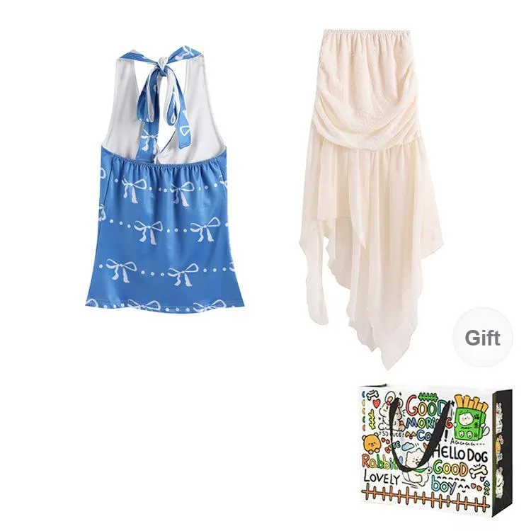 ZVJH Skirt Set Women's Blue Top/White Skirt-1