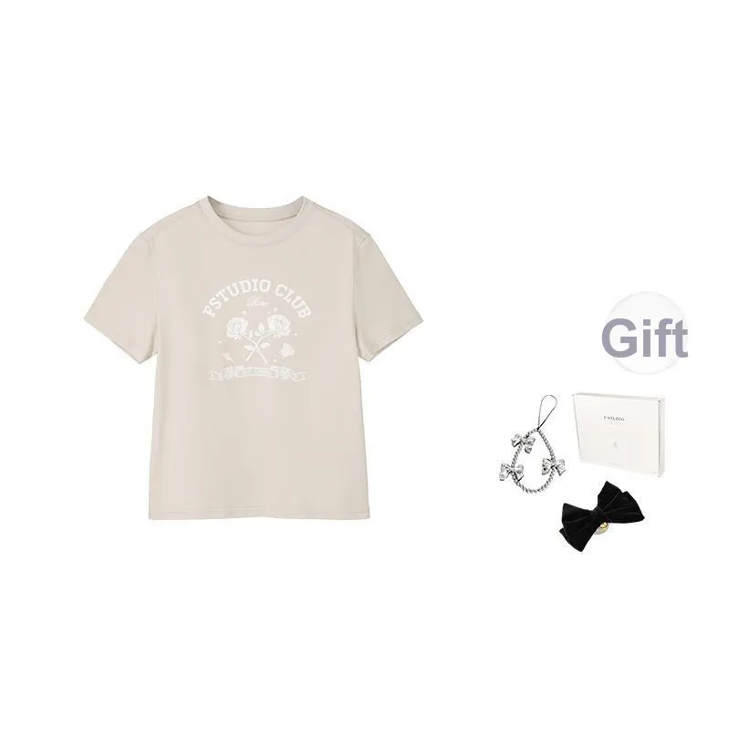 Fstudio Корейский стиль Коммутирование Универсальный 100% хлопок Принт Короткий рукав T-рубашки Женские