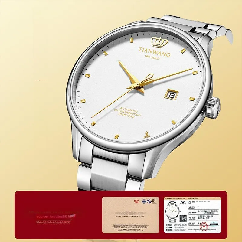 TIANWANG Golden Label Brings Blessings. Mechanical Movement Stainless Steel Strap Watch Men's Watches White Dial-7