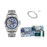 Hip-Hop Bracelet Box-Silver Case Blue Dial Silver Steel Band