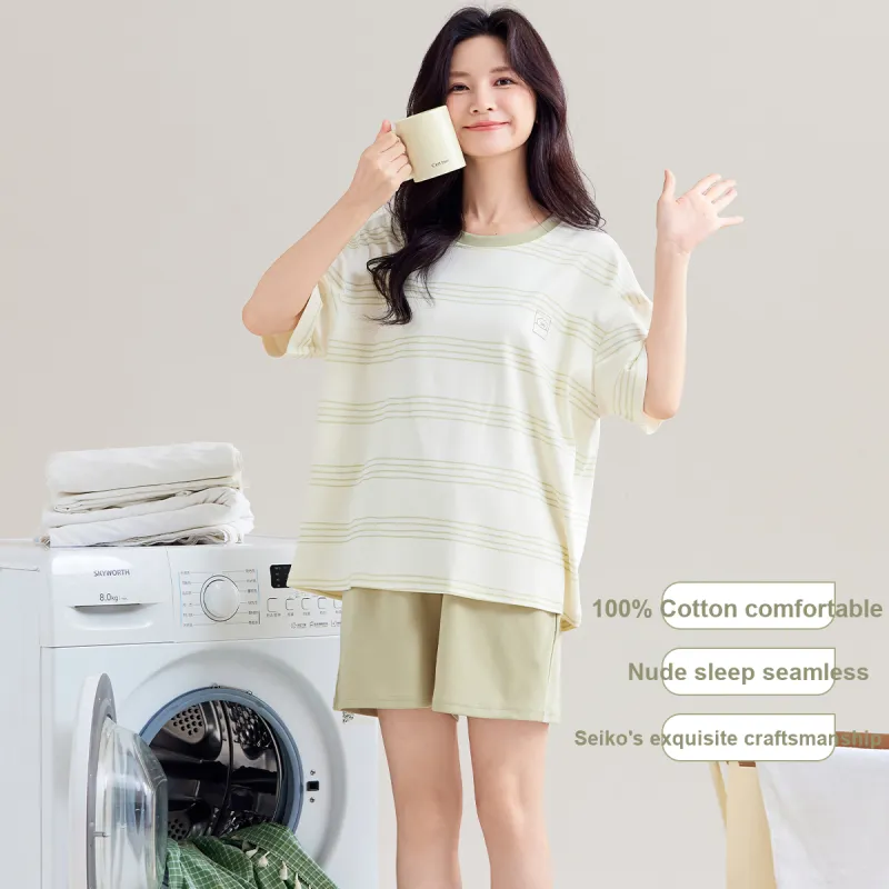 Urban Beauty Pajama Set Loungewear Short Sleeved Outerwear Ready Couple Stripes Basic Women's 2 Piece Set Light Green-4
