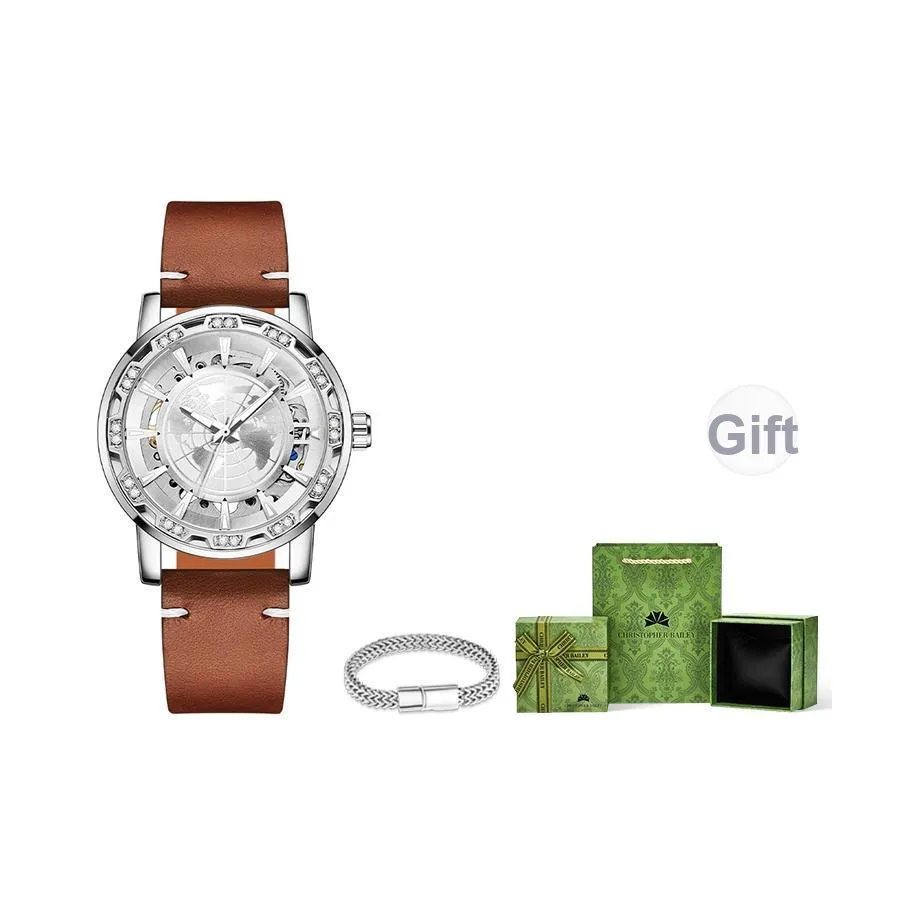 Corriberty Mechanical Movement Genuine Leather Strap Watch Men's Watches Cut Out Dial