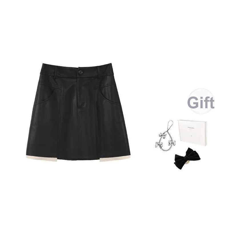 Fstudio Предосенний Корейский стиль Элегантность PU кожа Цветовой блок A Линия Юбка Короткая Женская