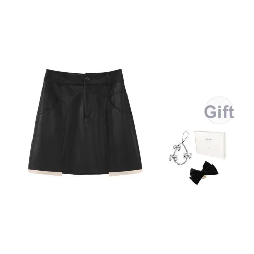 Fstudio Предосенний Корейский стиль Элегантность PU кожа Цветовой блок A Линия Юбка Короткая Женская