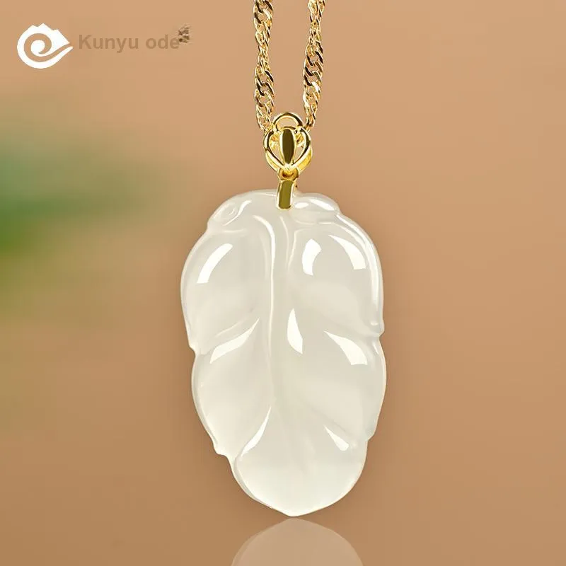 KUNYUYAO 18K Gold Inlaid Leaf Pendant Jade Pendant White Jade Unisex-13