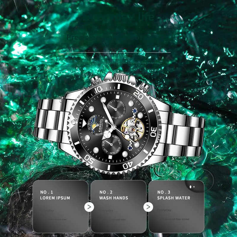 KANGOL Automatic Mechanical Movement Stainless Steel Watchband Watch Men's Watches Black Dial-3