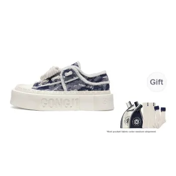 GONGJI Square Inches Denim Camouflage Height Increasing Low Top Skateboard Shoes Unisex Master Blue