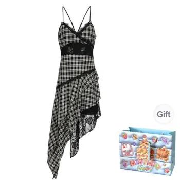 QUIET ANGEL Slip Dress Women's Black White Plaid