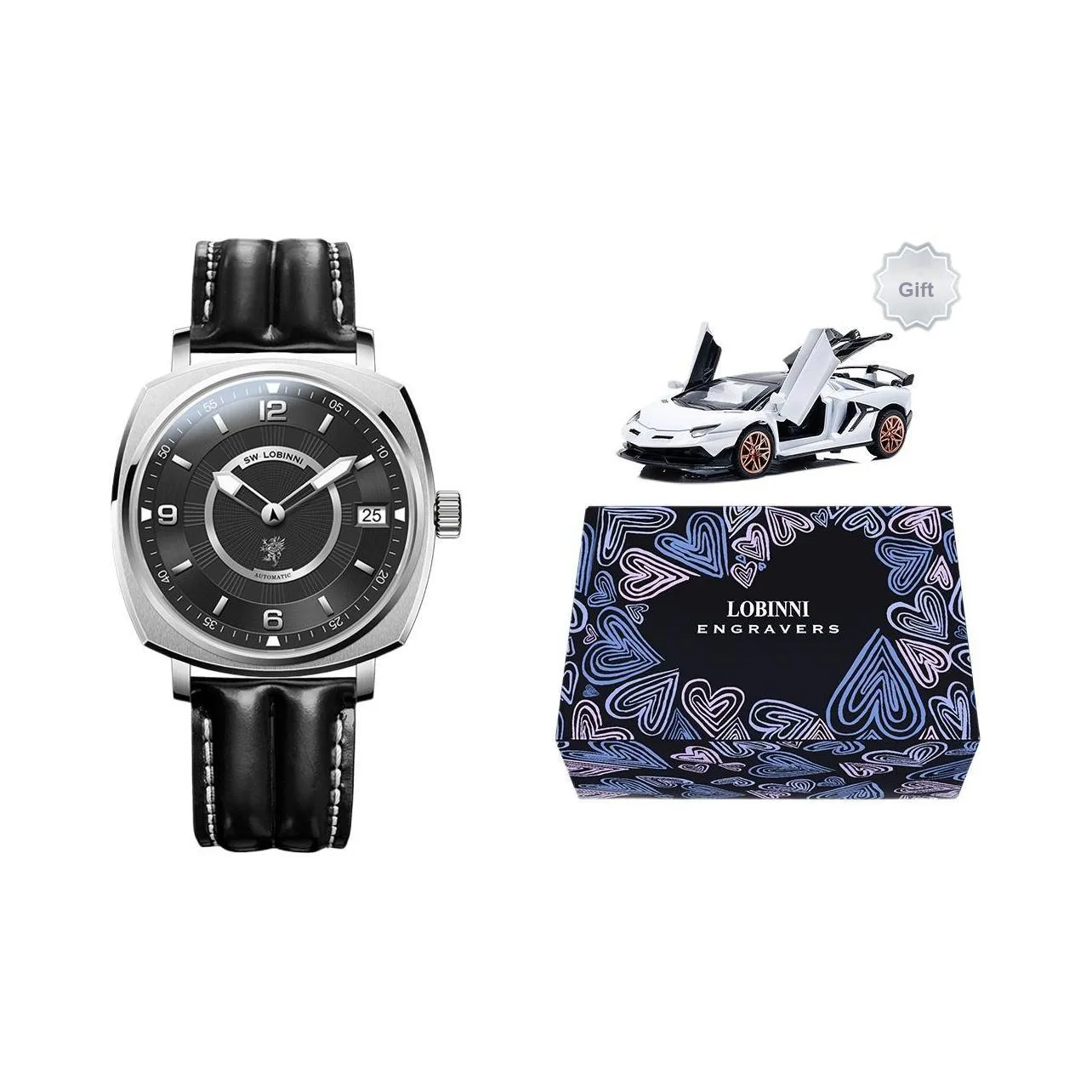 LOBINNI L Автоматический Механический Механизм Естественная Кожа Ремешок Часы Мужские Серебристый Циферблат