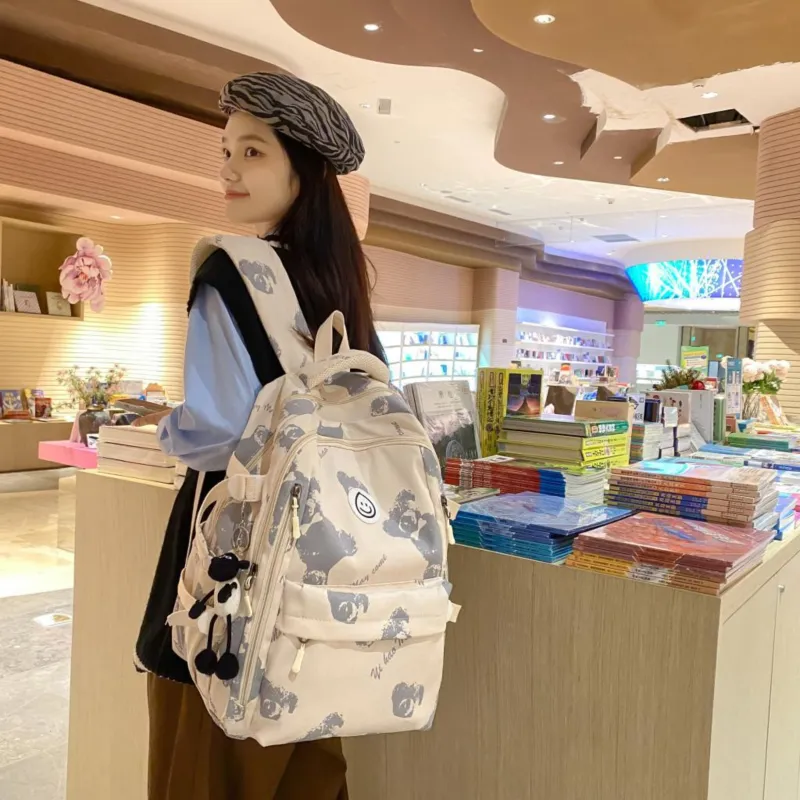 ZOGA Nylon Backpack Unisex White & Blue/Beige Bear-6