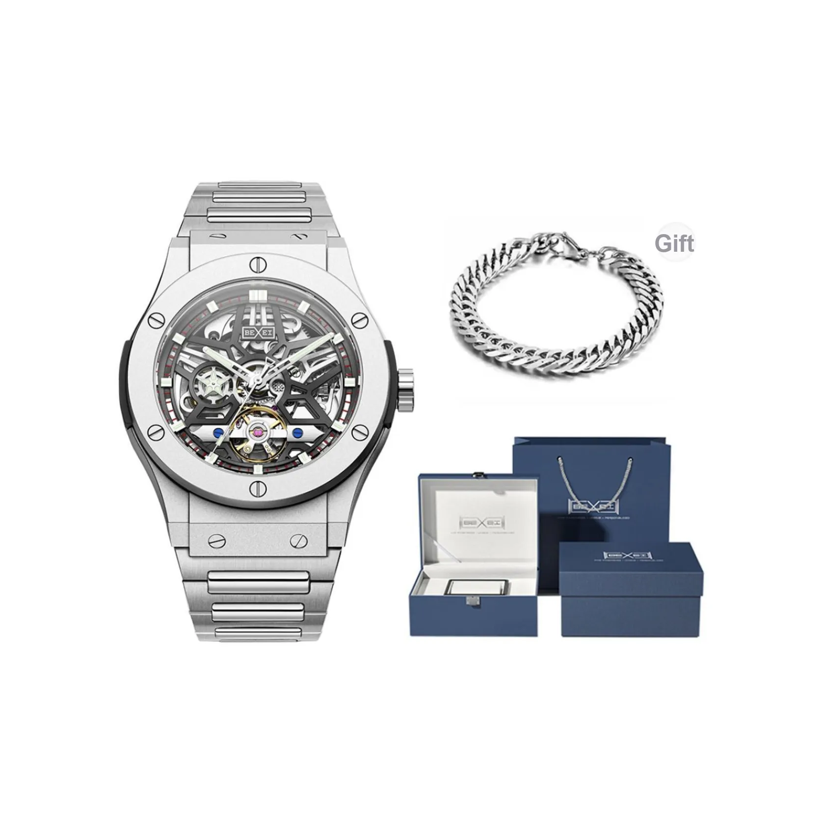 BEXEI Механический механизм Металлический ремешок Часы Мужские часы Черепный циферблат