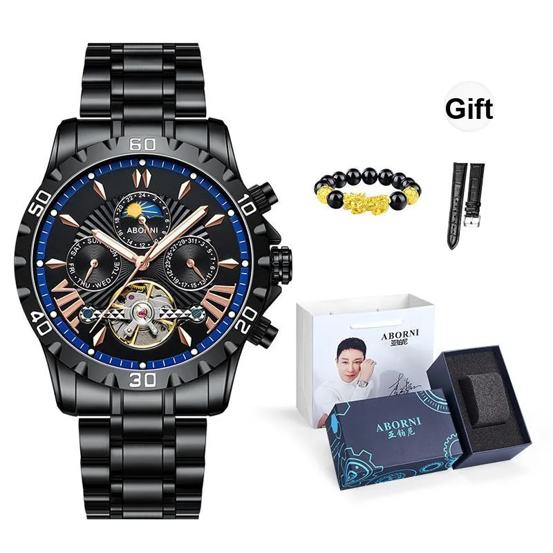ABORNI Cool Chinese Fashion Trend Mechanical Movement Stainless Steel Watchband Watch Men's Watches Black Dial