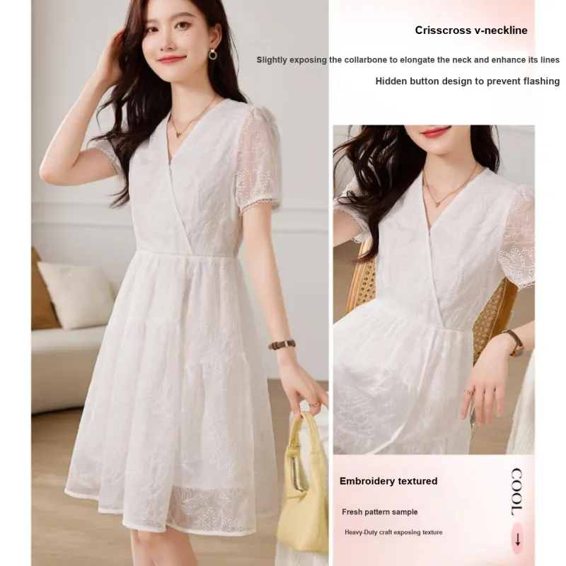 Like The Age Of Water Short Sleeved Dress Women's White-2