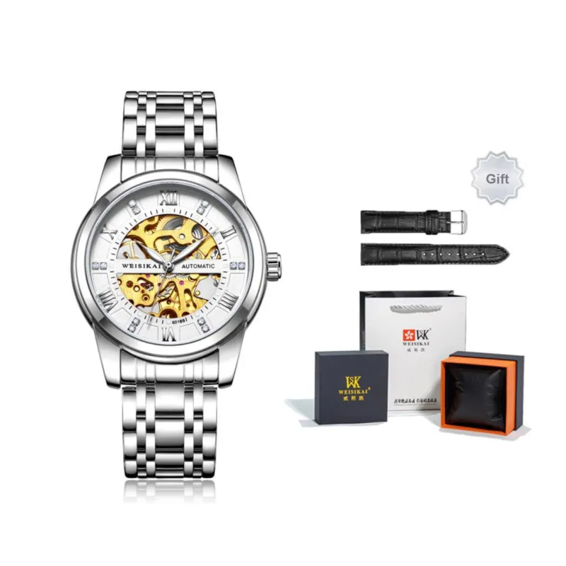 WSK Mechanical Movement Stainless Steel Watchband Men's Watches White Dial-0