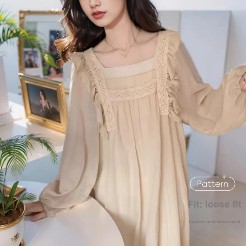 Yalu Nightgown Women's Apricot Lace Trim-1