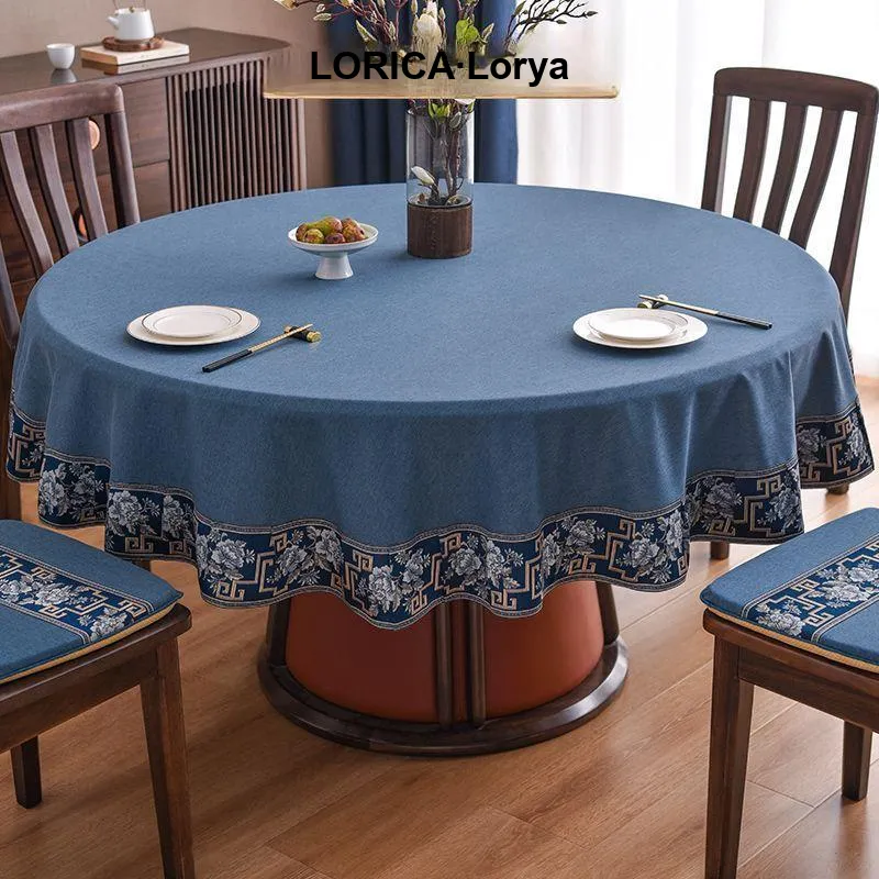 LUOYIJIA Fabric Ambient New Chinese Style Waterproof No Wash Fabric Large Round Dining Table For Home Use-7