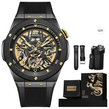 RARONE Gemini Black Gold Style Mechanical Movement Silicone Strap Watch Men's Watches Cut Out Dial