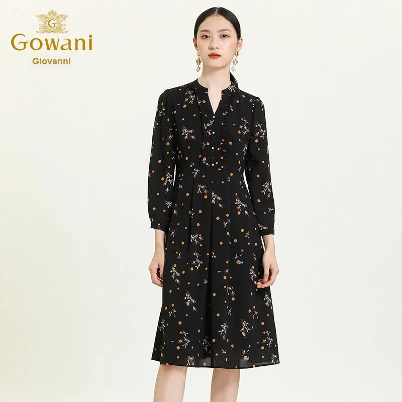 QIAOWANNI 2025 Spring Long Sleeved Dress Women's Yellow Hyacinth Polka Dot Flower-2