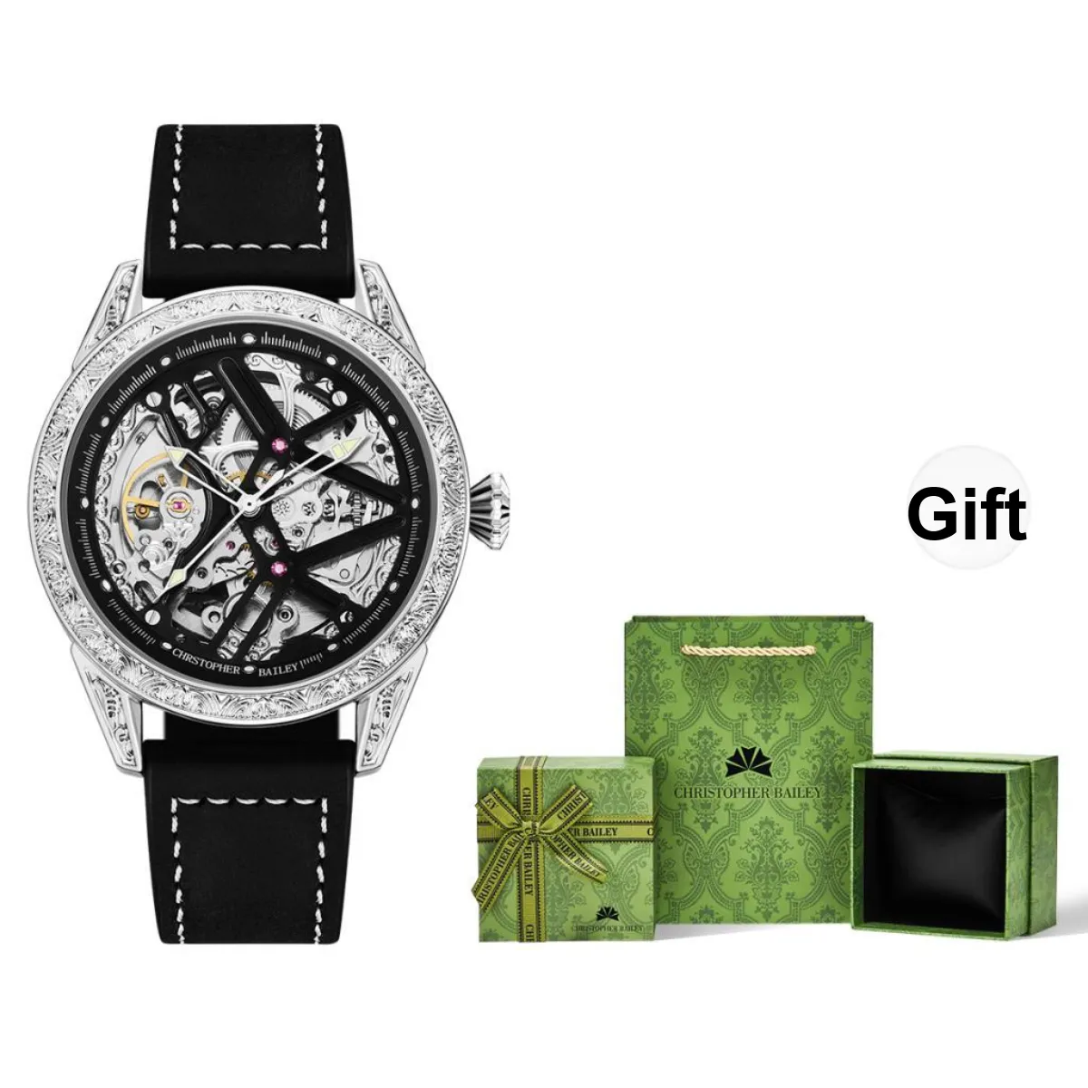 Corriberty Mechanical Movement Leather Strap Watch Men's Watches Skeleton Dial