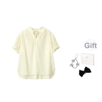 Fstudio Korean Style V Neck Lace Trims Top Lace Up Short Sleeved Shirt Women's