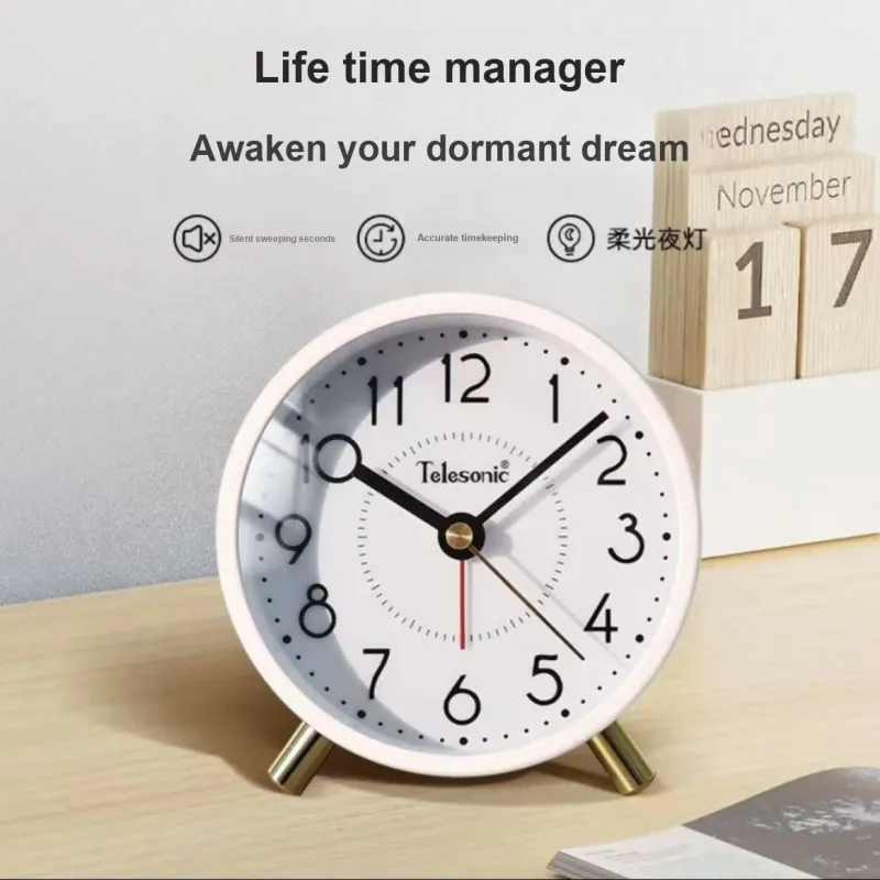 TELESONIC Sweeping Seconds Movement Alarm Clock Unisex White-1