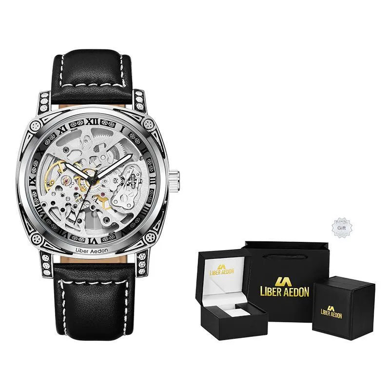 LIBER AEDON Wrist Watch Automatic Mechanical Movement Genuine Leather Strap Cut Out Dial Men's Watches-1