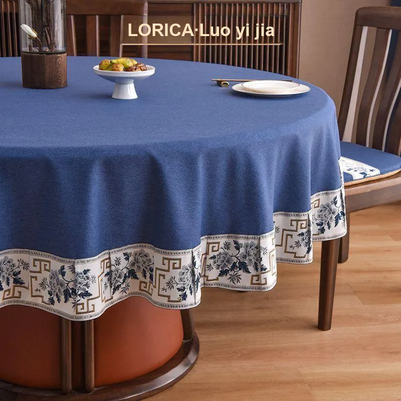 LUOYIJIA Fabric Ambient New Chinese Style Waterproof No Wash Fabric Large Round Dining Table For Home Use-9